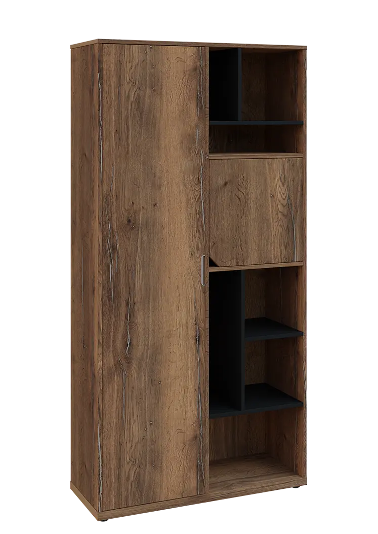 KSR6-83 L skříň šatní, 1x výsuvné ramínko, dvířka, niky, 2053x1022x400 mm, provedení levé, korpus a dvířka dub halifax cínový/police černá